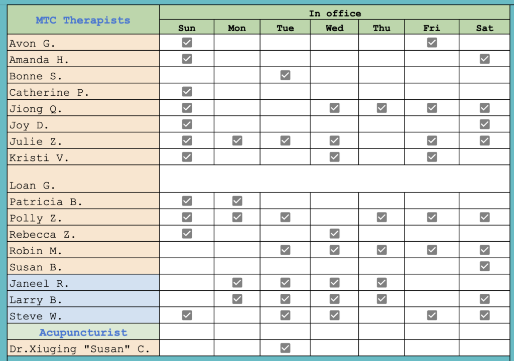 Massage Therapy Center Schedule